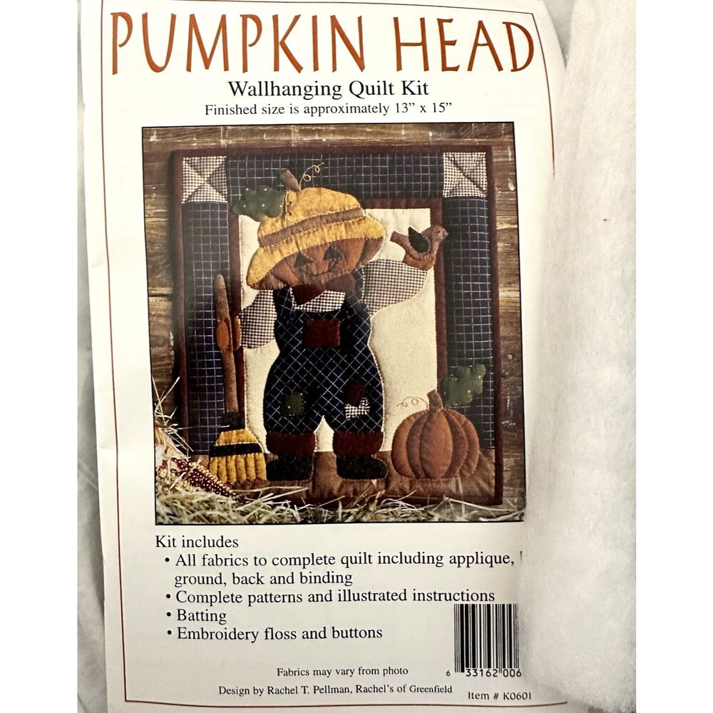 Pumpkin Head Quilt Kit 13x15 Wallhanging Folk Art Rachel Pellman Fall Scarecrow